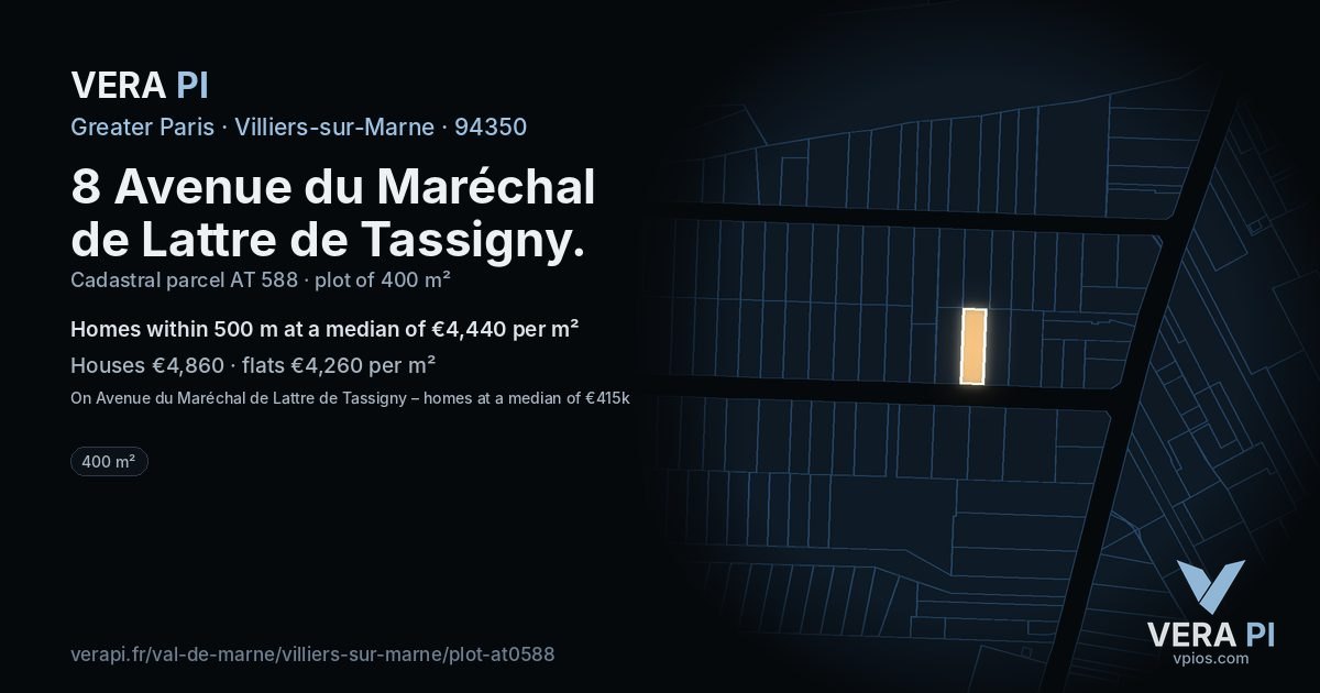 8 Avenue du Maréchal de Lattre de Tassigny, Villiers-sur-Marne at night – the plot lit, the parcels around coloured by the prices near them