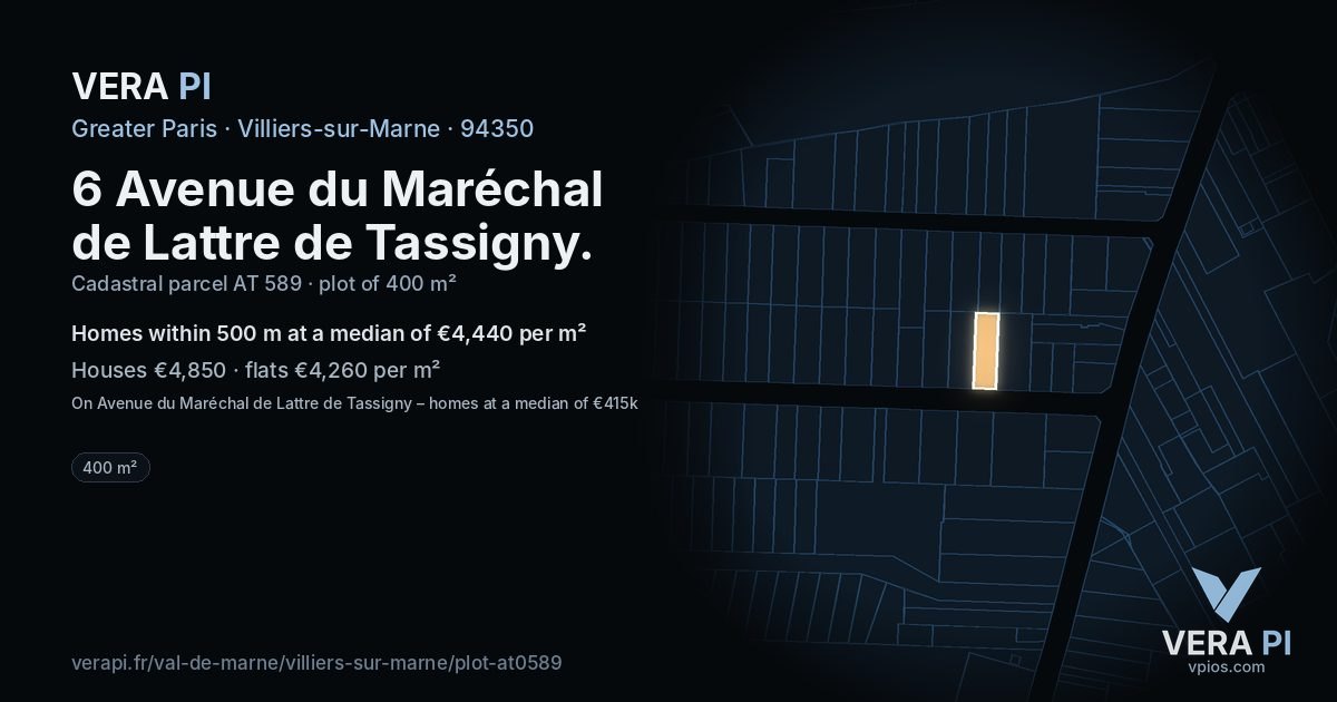 6 Avenue du Maréchal de Lattre de Tassigny, Villiers-sur-Marne at night – the plot lit, the parcels around coloured by the prices near them