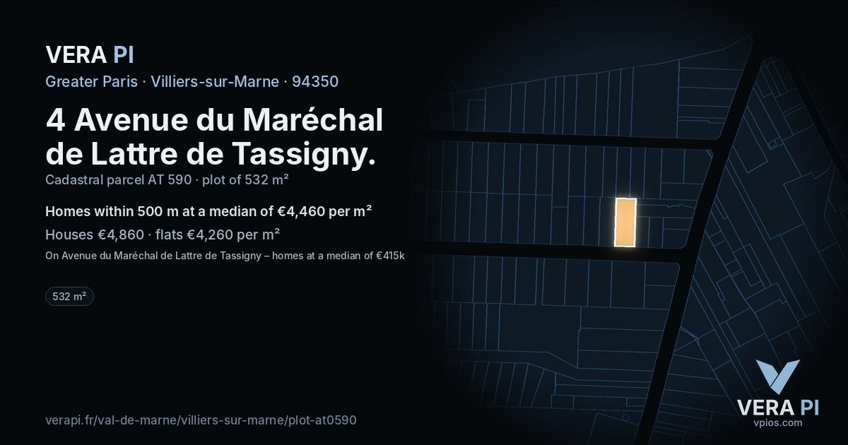 4 Avenue du Maréchal de Lattre de Tassigny, Villiers-sur-Marne at night – the plot lit, the parcels around coloured by the prices near them