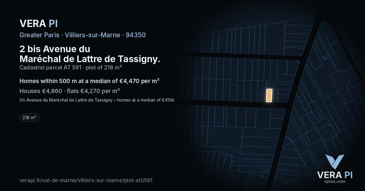 2 bis Avenue du Maréchal de Lattre de Tassigny, Villiers-sur-Marne at night – the plot lit, the parcels around coloured by the prices near them