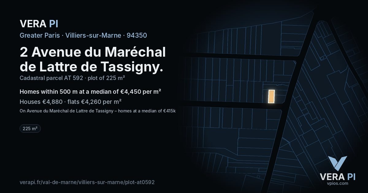 2 Avenue du Maréchal de Lattre de Tassigny, Villiers-sur-Marne at night – the plot lit, the parcels around coloured by the prices near them