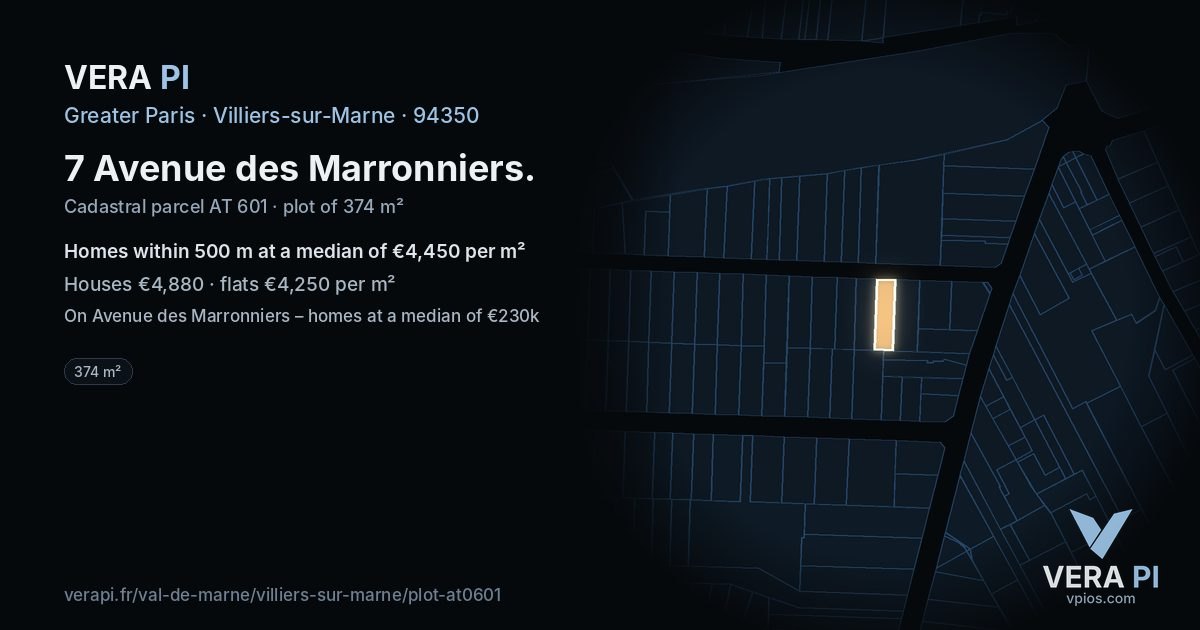 7 Avenue des Marronniers, Villiers-sur-Marne at night – the plot lit, the parcels around coloured by the prices near them