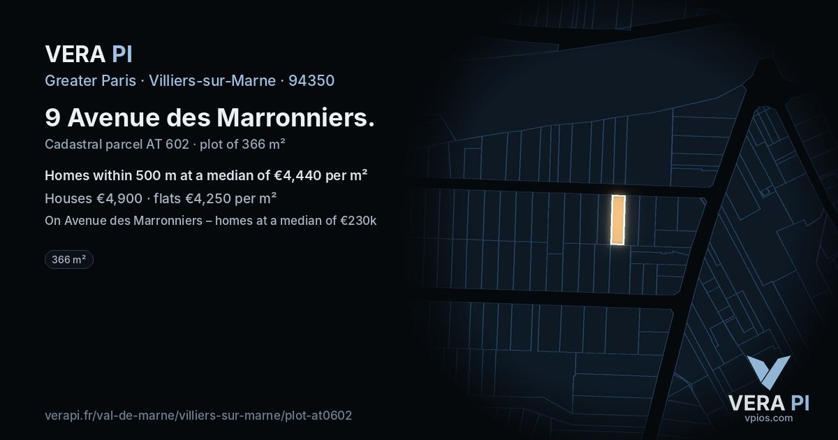 9 Avenue des Marronniers, Villiers-sur-Marne at night – the plot lit, the parcels around coloured by the prices near them