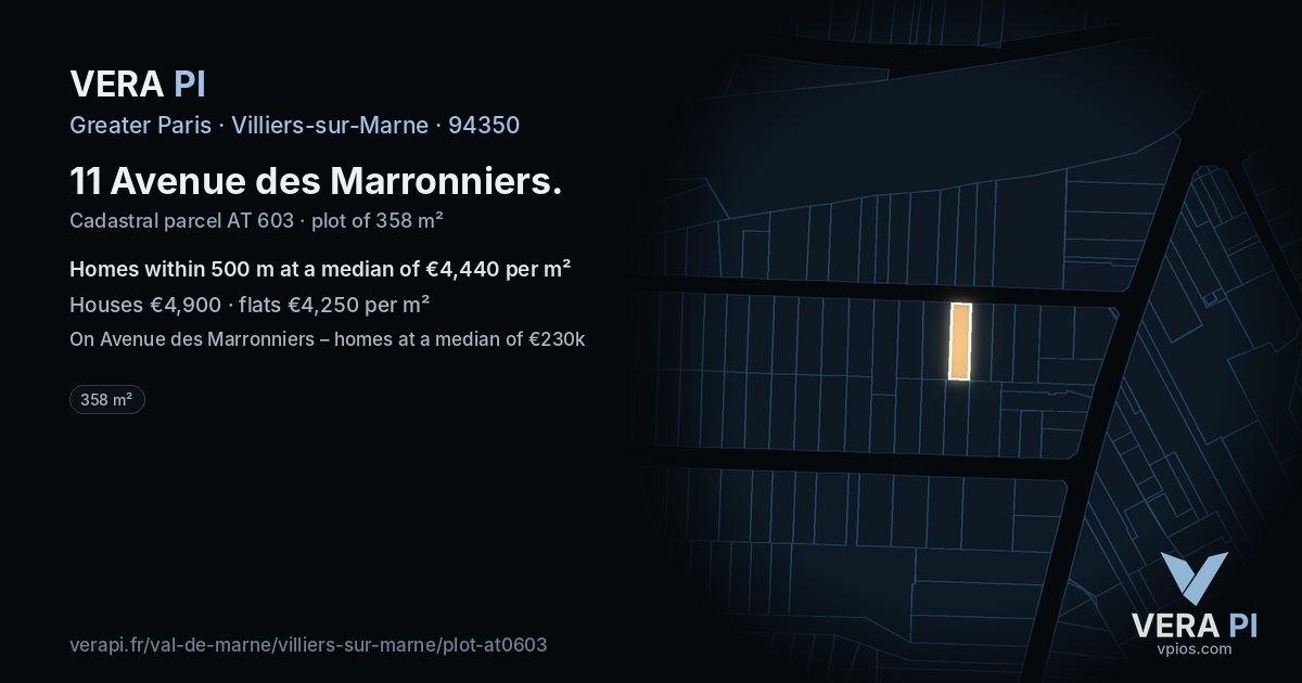 11 Avenue des Marronniers, Villiers-sur-Marne at night – the plot lit, the parcels around coloured by the prices near them