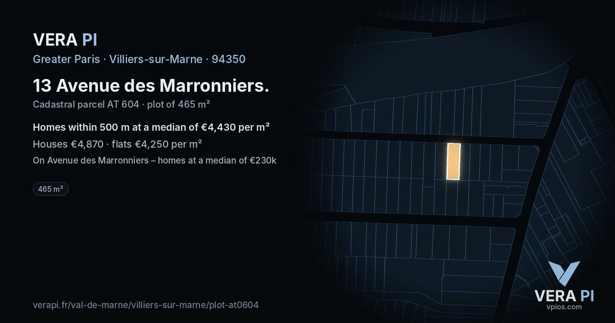 13 Avenue des Marronniers, Villiers-sur-Marne at night – the plot lit, the parcels around coloured by the prices near them