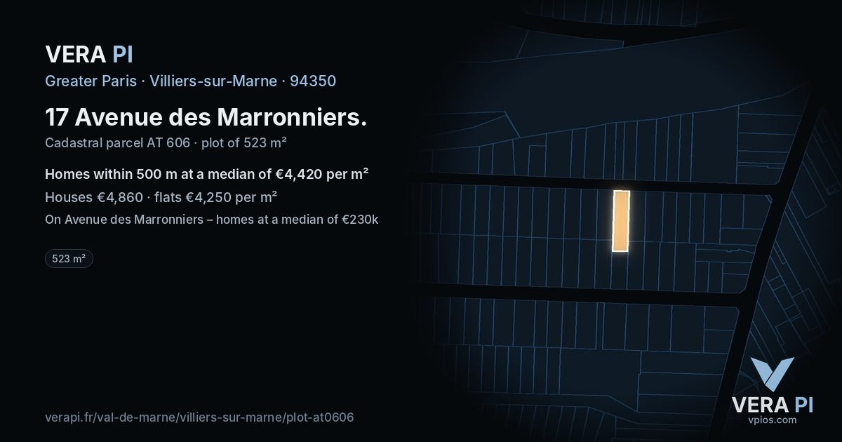 17 Avenue des Marronniers, Villiers-sur-Marne at night – the plot lit, the parcels around coloured by the prices near them