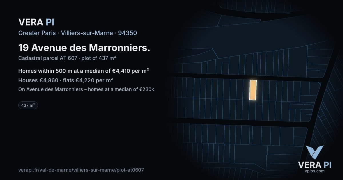 19 Avenue des Marronniers, Villiers-sur-Marne at night – the plot lit, the parcels around coloured by the prices near them