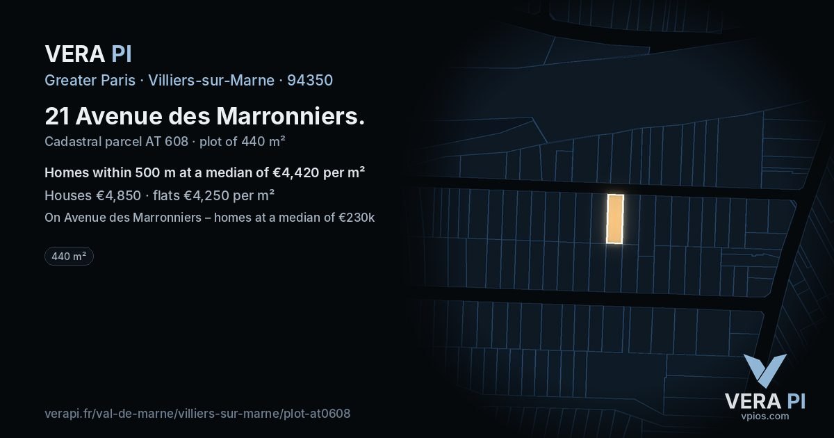 21 Avenue des Marronniers, Villiers-sur-Marne at night – the plot lit, the parcels around coloured by the prices near them