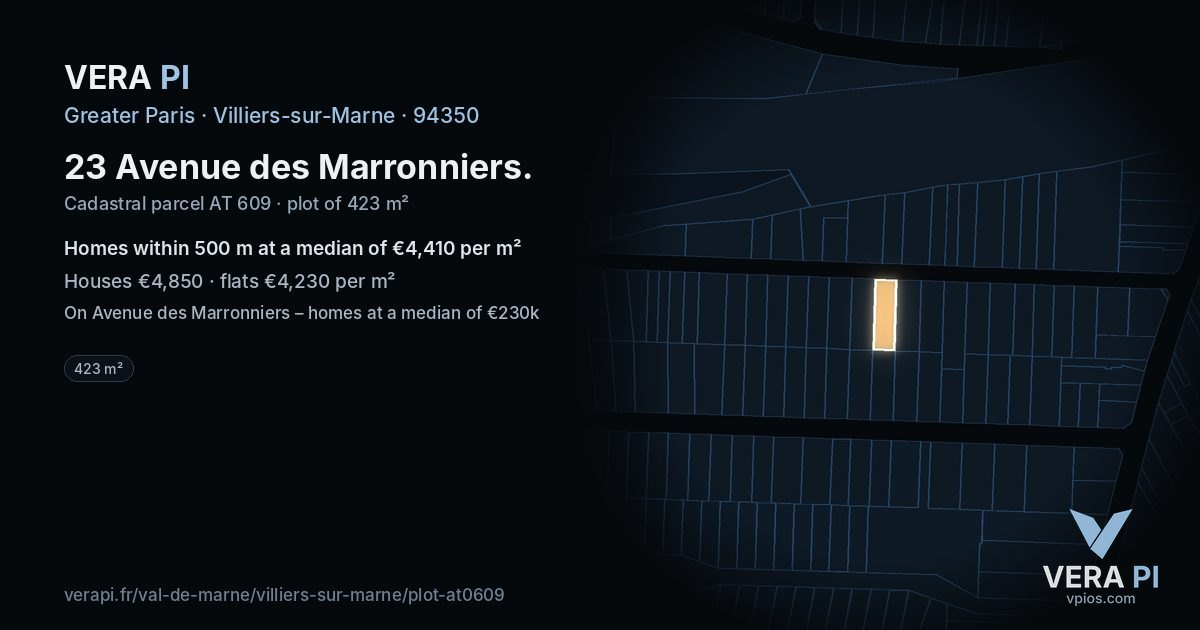 23 Avenue des Marronniers, Villiers-sur-Marne at night – the plot lit, the parcels around coloured by the prices near them