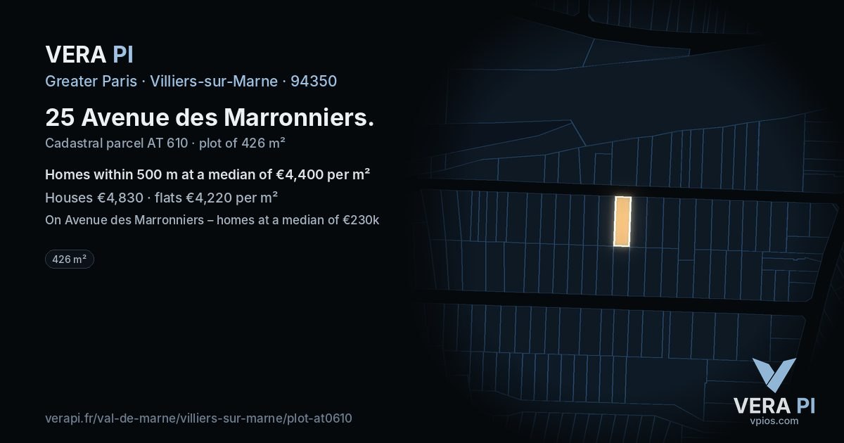 25 Avenue des Marronniers, Villiers-sur-Marne at night – the plot lit, the parcels around coloured by the prices near them