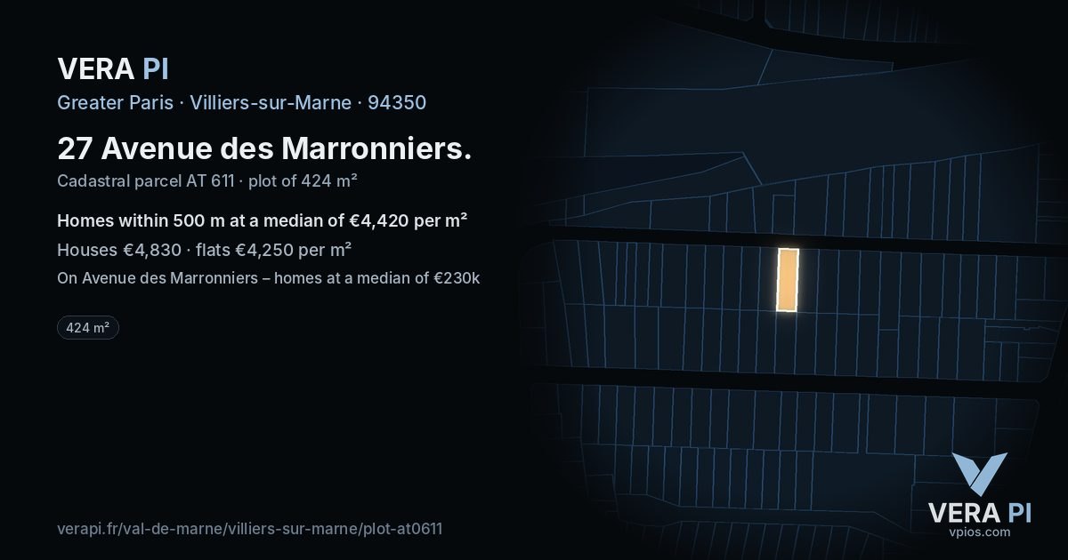 27 Avenue des Marronniers, Villiers-sur-Marne at night – the plot lit, the parcels around coloured by the prices near them