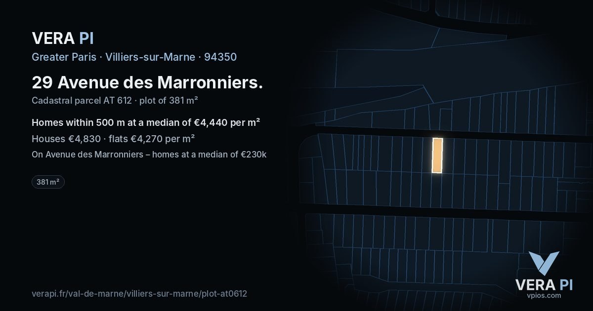 29 Avenue des Marronniers, Villiers-sur-Marne at night – the plot lit, the parcels around coloured by the prices near them