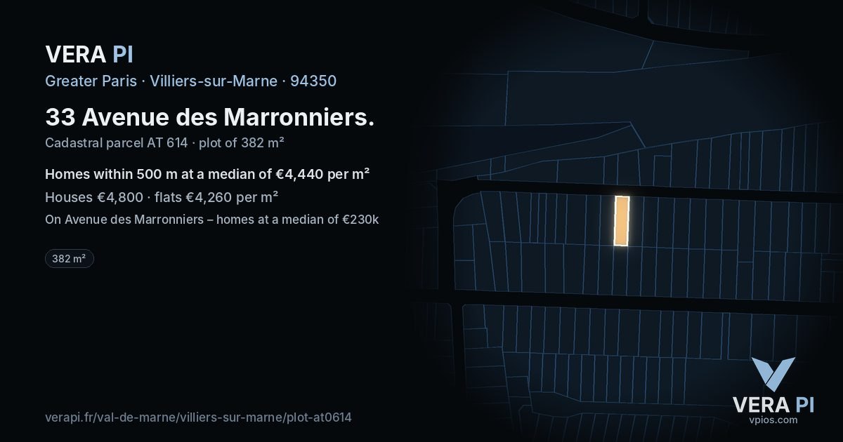 33 Avenue des Marronniers, Villiers-sur-Marne at night – the plot lit, the parcels around coloured by the prices near them