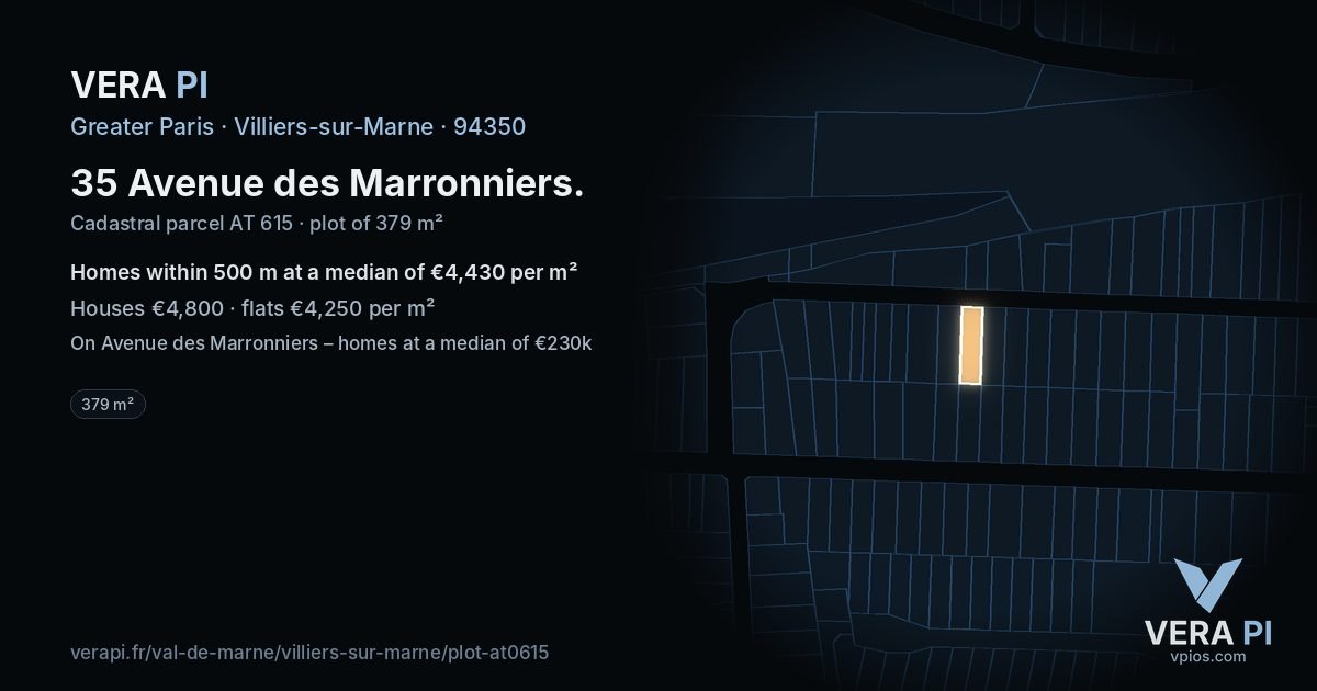 35 Avenue des Marronniers, Villiers-sur-Marne at night – the plot lit, the parcels around coloured by the prices near them