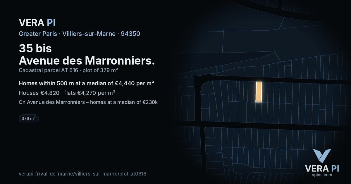 35 bis Avenue des Marronniers, Villiers-sur-Marne at night – the plot lit, the parcels around coloured by the prices near them