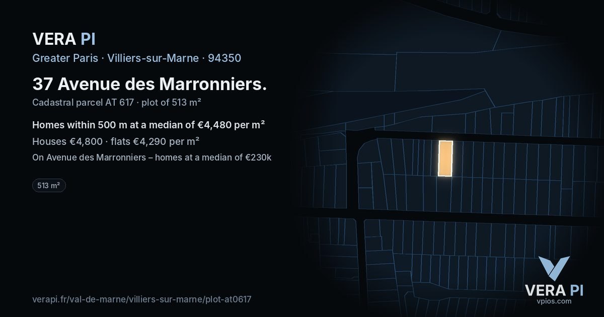 37 Avenue des Marronniers, Villiers-sur-Marne at night – the plot lit, the parcels around coloured by the prices near them