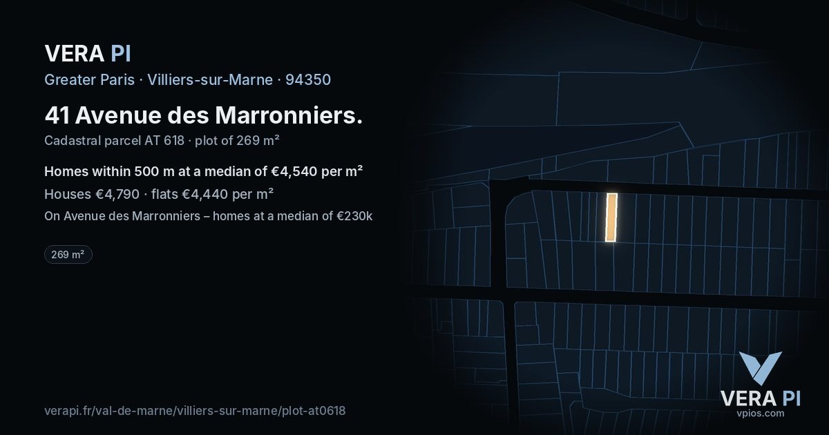 41 Avenue des Marronniers, Villiers-sur-Marne at night – the plot lit, the parcels around coloured by the prices near them