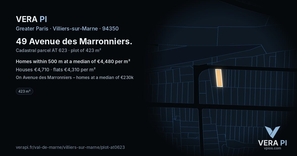 49 Avenue des Marronniers, Villiers-sur-Marne at night – the plot lit, the parcels around coloured by the prices near them