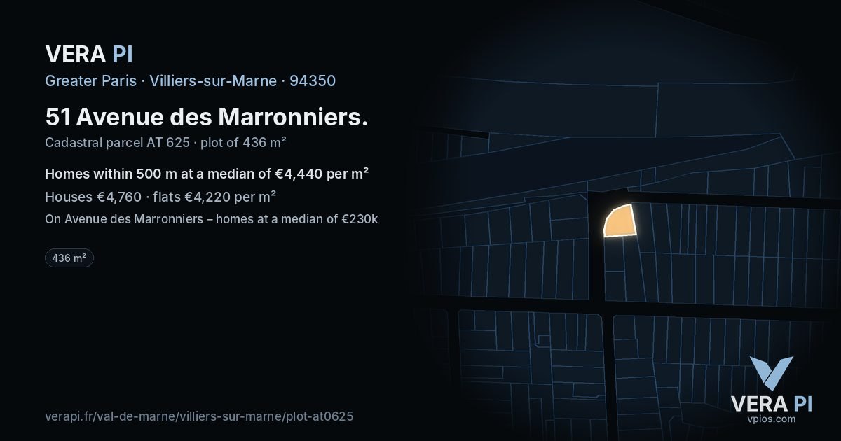 51 Avenue des Marronniers, Villiers-sur-Marne at night – the plot lit, the parcels around coloured by the prices near them