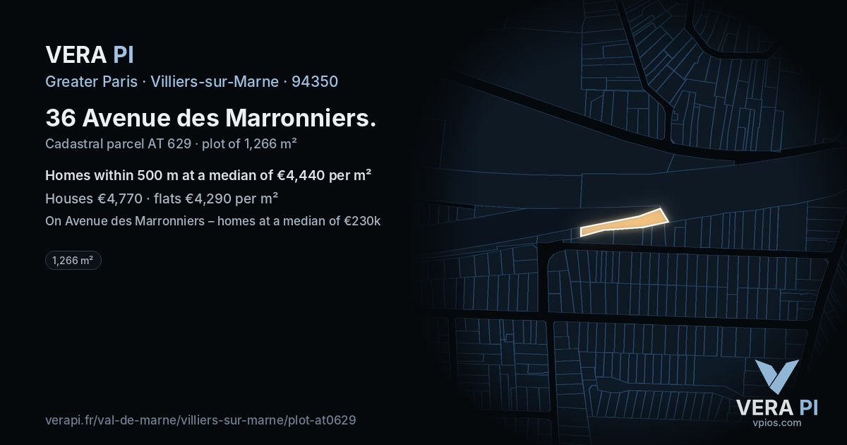 36 Avenue des Marronniers, Villiers-sur-Marne at night – the plot lit, the parcels around coloured by the prices near them