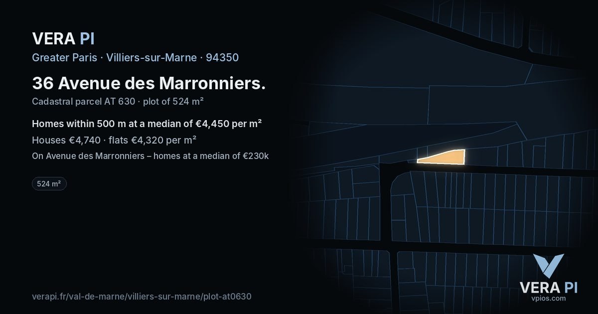 36 Avenue des Marronniers, Villiers-sur-Marne at night – the plot lit, the parcels around coloured by the prices near them