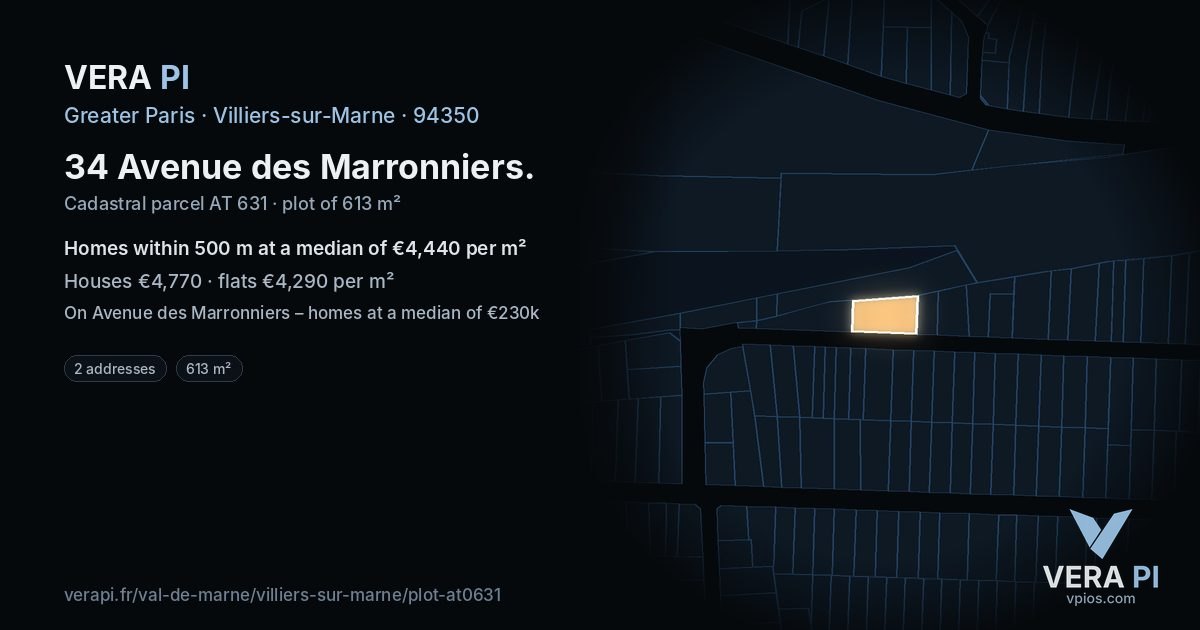 34 Avenue des Marronniers, Villiers-sur-Marne at night – the plot lit, the parcels around coloured by the prices near them