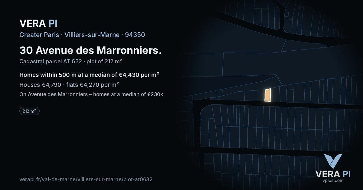 30 Avenue des Marronniers, Villiers-sur-Marne at night – the plot lit, the parcels around coloured by the prices near them
