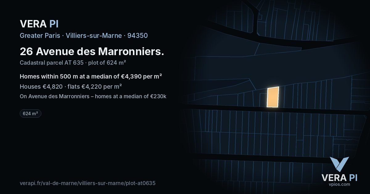 26 Avenue des Marronniers, Villiers-sur-Marne at night – the plot lit, the parcels around coloured by the prices near them