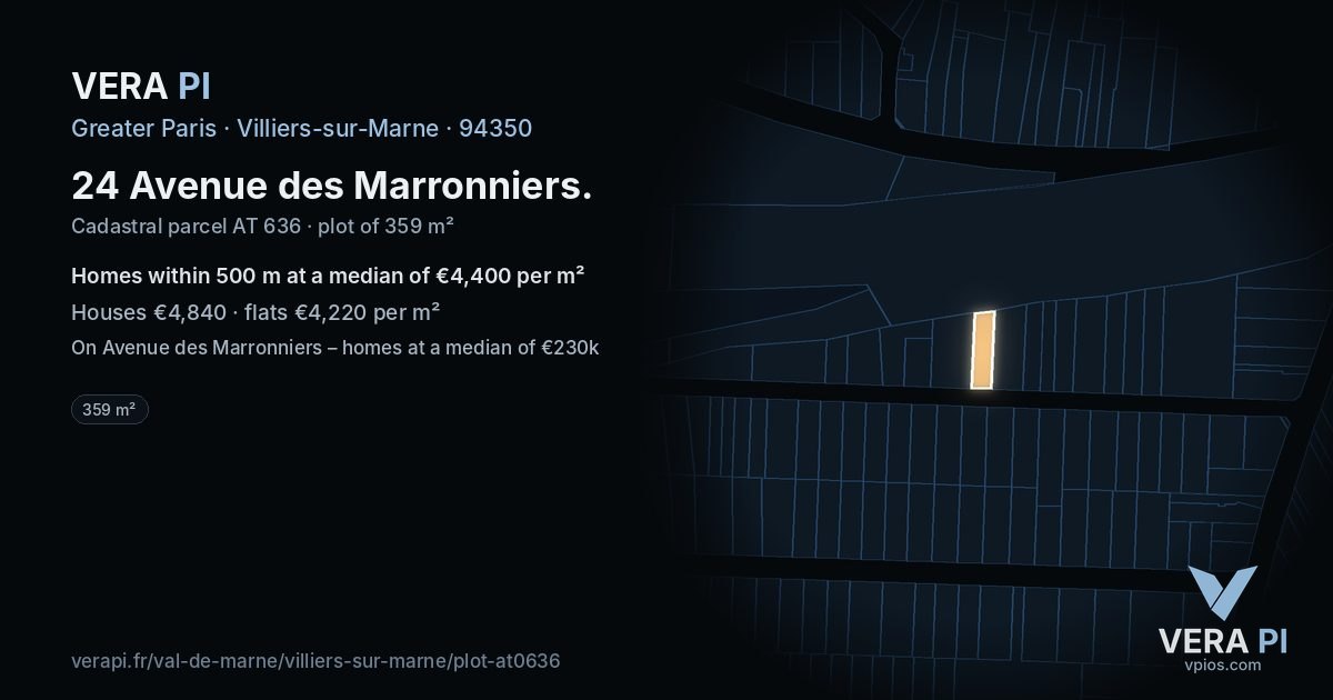 24 Avenue des Marronniers, Villiers-sur-Marne at night – the plot lit, the parcels around coloured by the prices near them