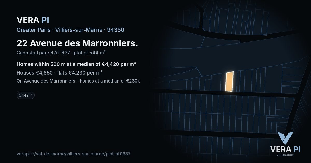 22 Avenue des Marronniers, Villiers-sur-Marne at night – the plot lit, the parcels around coloured by the prices near them