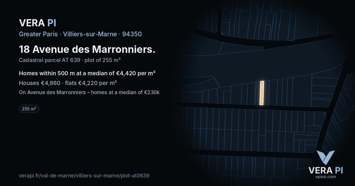 18 Avenue des Marronniers, Villiers-sur-Marne at night – the plot lit, the parcels around coloured by the prices near them