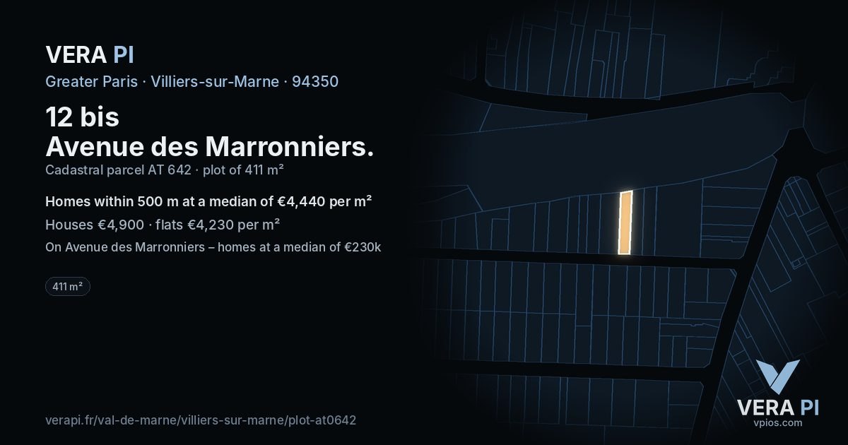 12 bis Avenue des Marronniers, Villiers-sur-Marne at night – the plot lit, the parcels around coloured by the prices near them