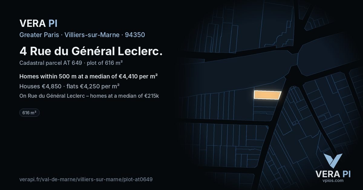 4 Rue du Général Leclerc, Villiers-sur-Marne at night – the plot lit, the parcels around coloured by the prices near them
