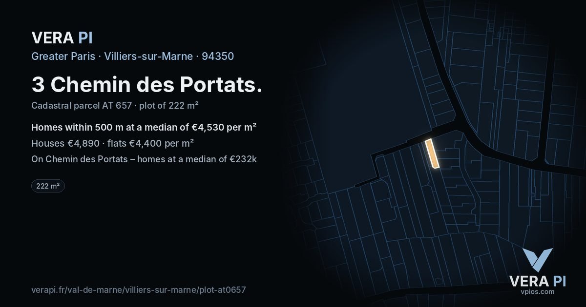 3 Chemin des Portats, Villiers-sur-Marne at night – the plot lit, the parcels around coloured by the prices near them