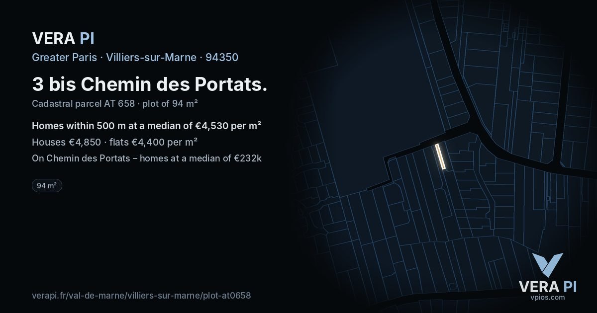 3 bis Chemin des Portats, Villiers-sur-Marne at night – the plot lit, the parcels around coloured by the prices near them
