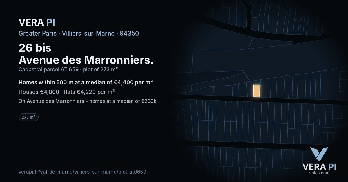 26 bis Avenue des Marronniers, Villiers-sur-Marne at night – the plot lit, the parcels around coloured by the prices near them