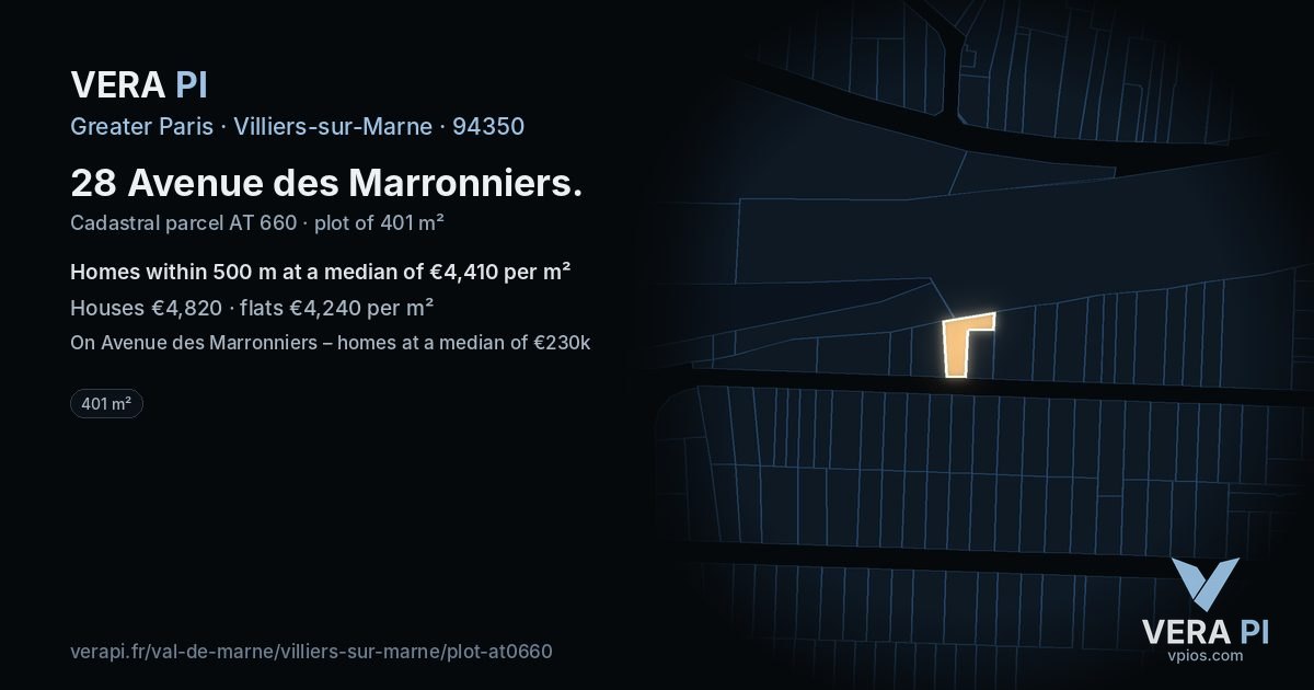 28 Avenue des Marronniers, Villiers-sur-Marne at night – the plot lit, the parcels around coloured by the prices near them