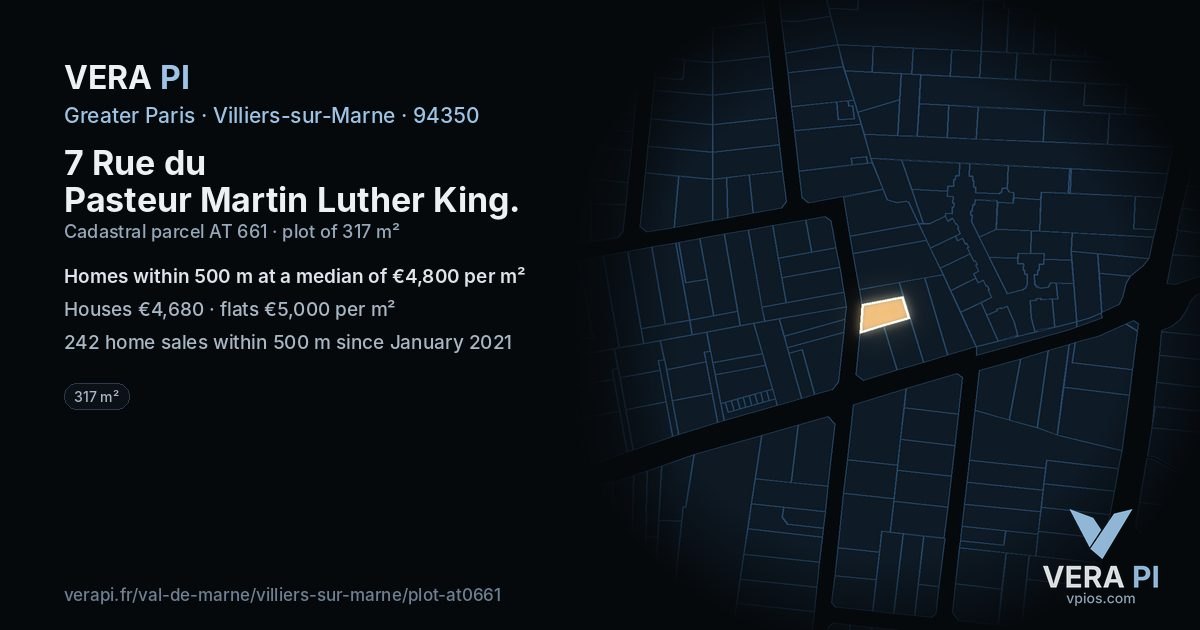 7 Rue du Pasteur Martin Luther King, Villiers-sur-Marne at night – the plot lit, the parcels around coloured by the prices near them
