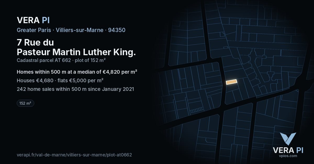 7 Rue du Pasteur Martin Luther King, Villiers-sur-Marne at night – the plot lit, the parcels around coloured by the prices near them
