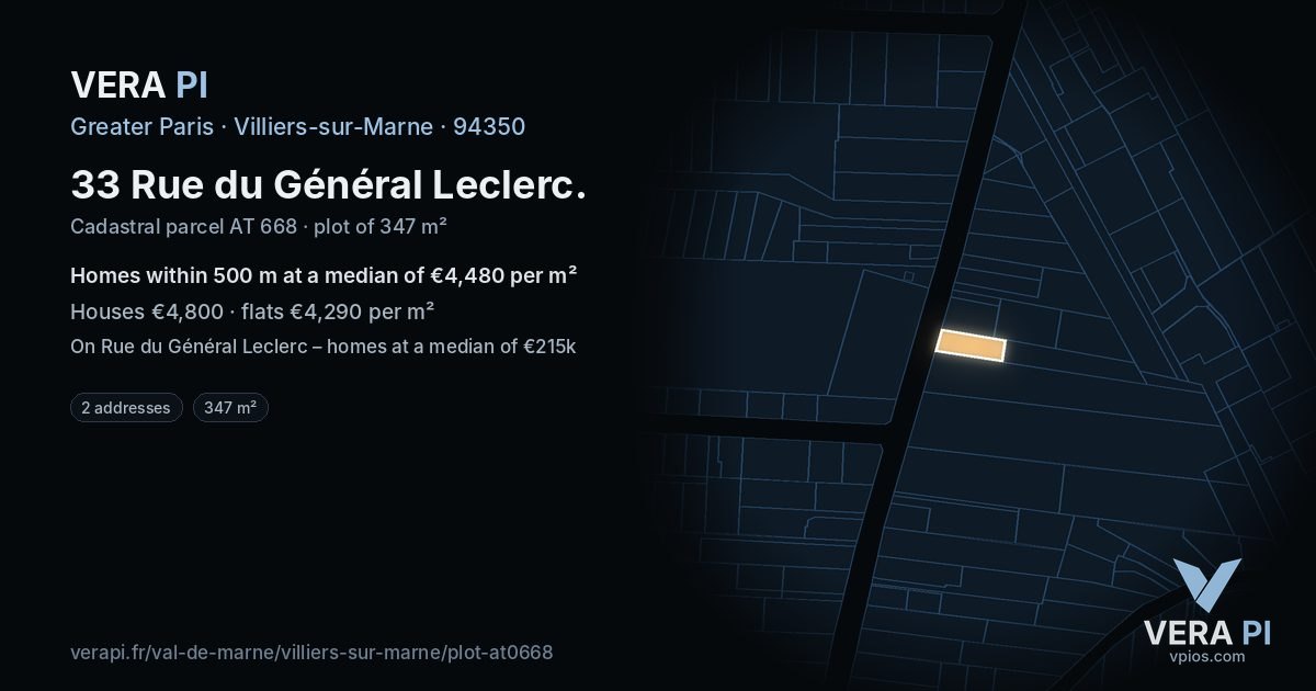 33 Rue du Général Leclerc, Villiers-sur-Marne at night – the plot lit, the parcels around coloured by the prices near them