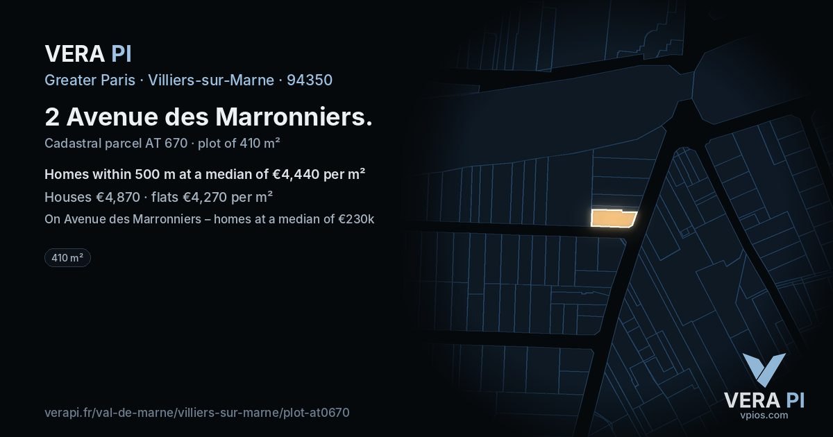 2 Avenue des Marronniers, Villiers-sur-Marne at night – the plot lit, the parcels around coloured by the prices near them