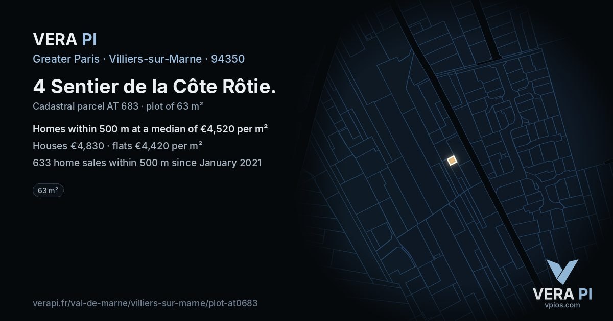 4 Sentier de la Côte Rôtie, Villiers-sur-Marne at night – the plot lit, the parcels around coloured by the prices near them