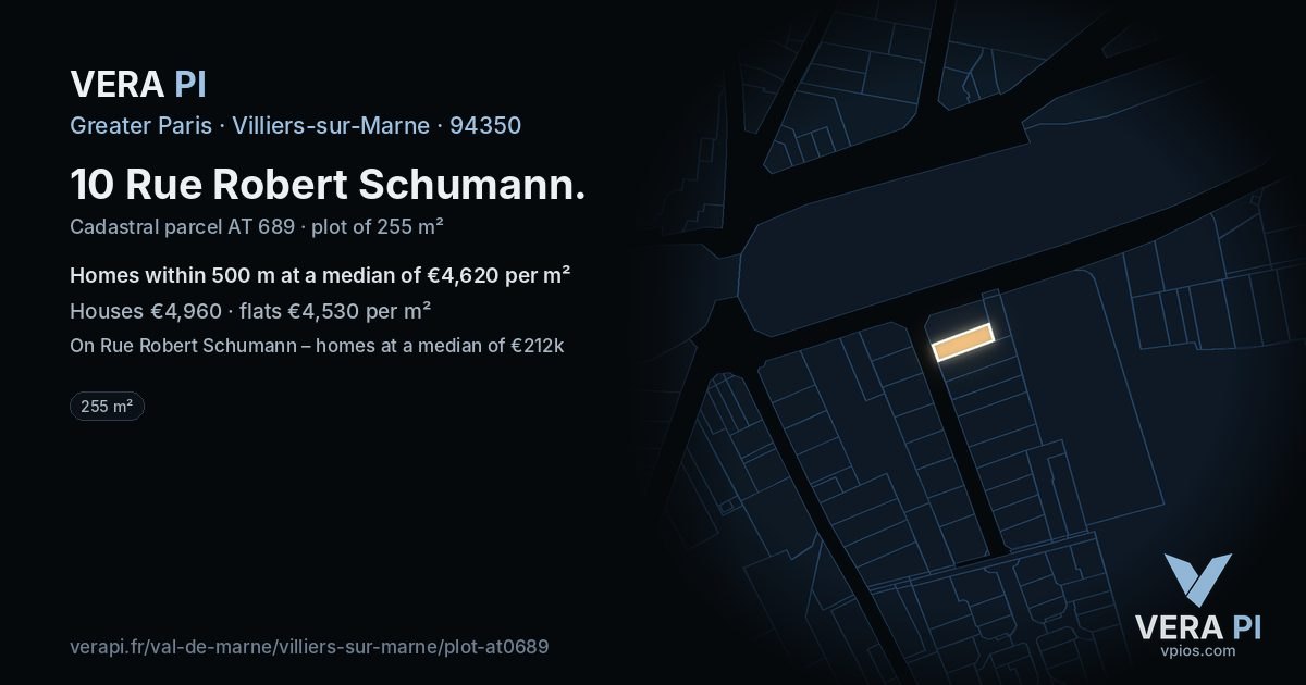 10 Rue Robert Schumann, Villiers-sur-Marne at night – the plot lit, the parcels around coloured by the prices near them