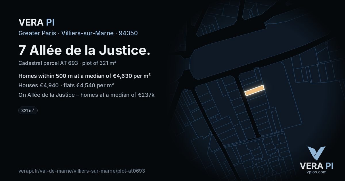 7 Allée de la Justice, Villiers-sur-Marne at night – the plot lit, the parcels around coloured by the prices near them