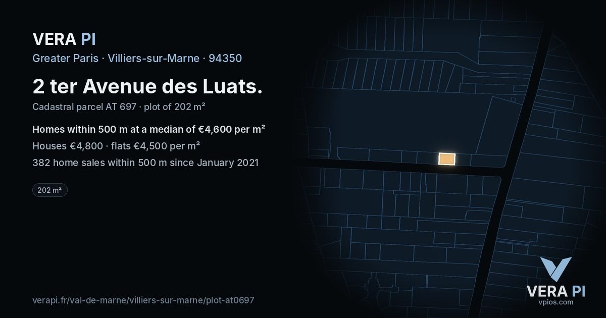 2 ter Avenue des Luats, Villiers-sur-Marne at night – the plot lit, the parcels around coloured by the prices near them