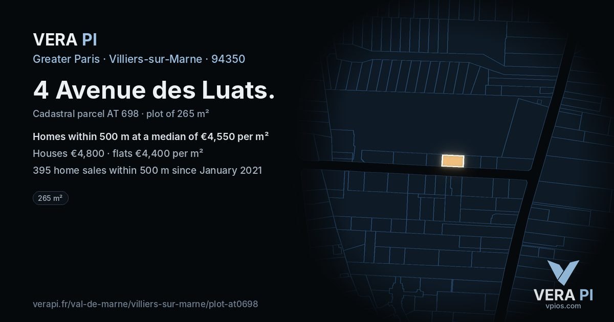 4 Avenue des Luats, Villiers-sur-Marne at night – the plot lit, the parcels around coloured by the prices near them
