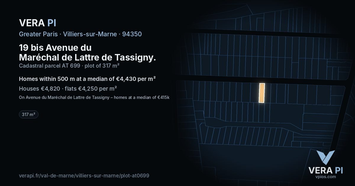 19 bis Avenue du Maréchal de Lattre de Tassigny, Villiers-sur-Marne at night – the plot lit, the parcels around coloured by the prices near them