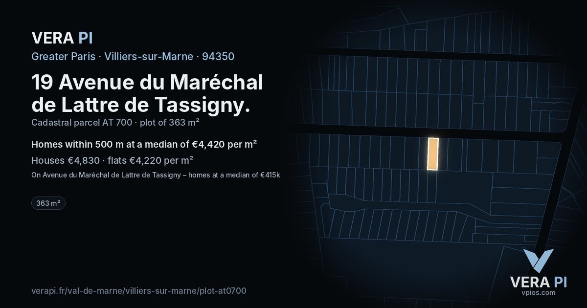 19 Avenue du Maréchal de Lattre de Tassigny, Villiers-sur-Marne at night – the plot lit, the parcels around coloured by the prices near them