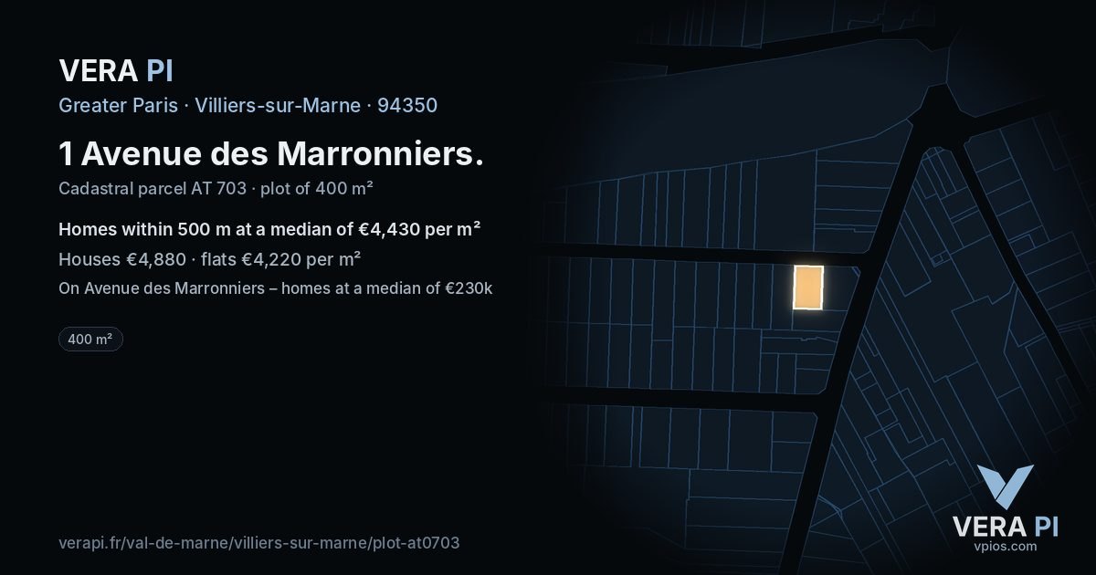 1 Avenue des Marronniers, Villiers-sur-Marne at night – the plot lit, the parcels around coloured by the prices near them