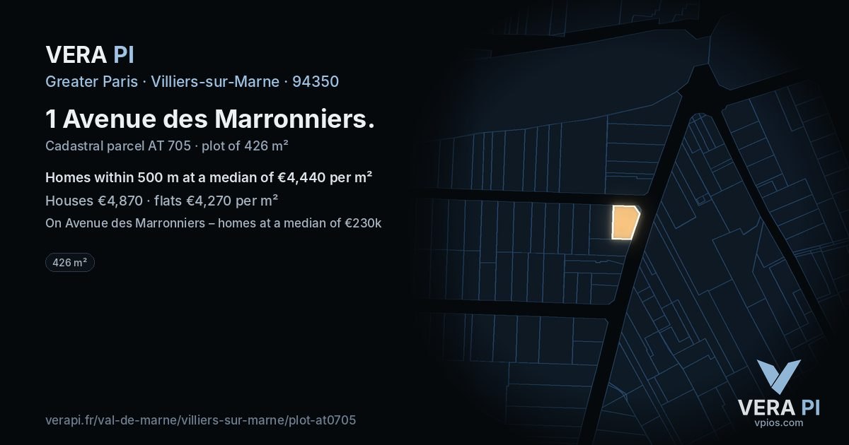 1 Avenue des Marronniers, Villiers-sur-Marne at night – the plot lit, the parcels around coloured by the prices near them